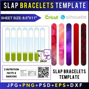 Puede incluir: Una plantilla para pulseras slap, con un tamaño de hoja de 21,6 cm x 27,9 cm. El diseño incluye un gráfico de arrastrar y soltar, información nutricional y un código de barras. La plantilla ofrece varias opciones de color y es compatible con máquinas Cricut y Silhouette.