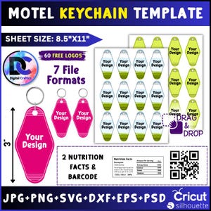 Könnte beinhalten: Eine Vorlage für Motel-Schlüsselanhänger mit einem rosa Design mit dem Text "Your Design" und einem Metall-Schlüsselring. Die Blattgröße beträgt 21,6 cm x 27,9 cm und der Schlüsselanhänger ist 7,6 cm lang. Enthält 60 kostenlose Logos und 7 Dateiformate.