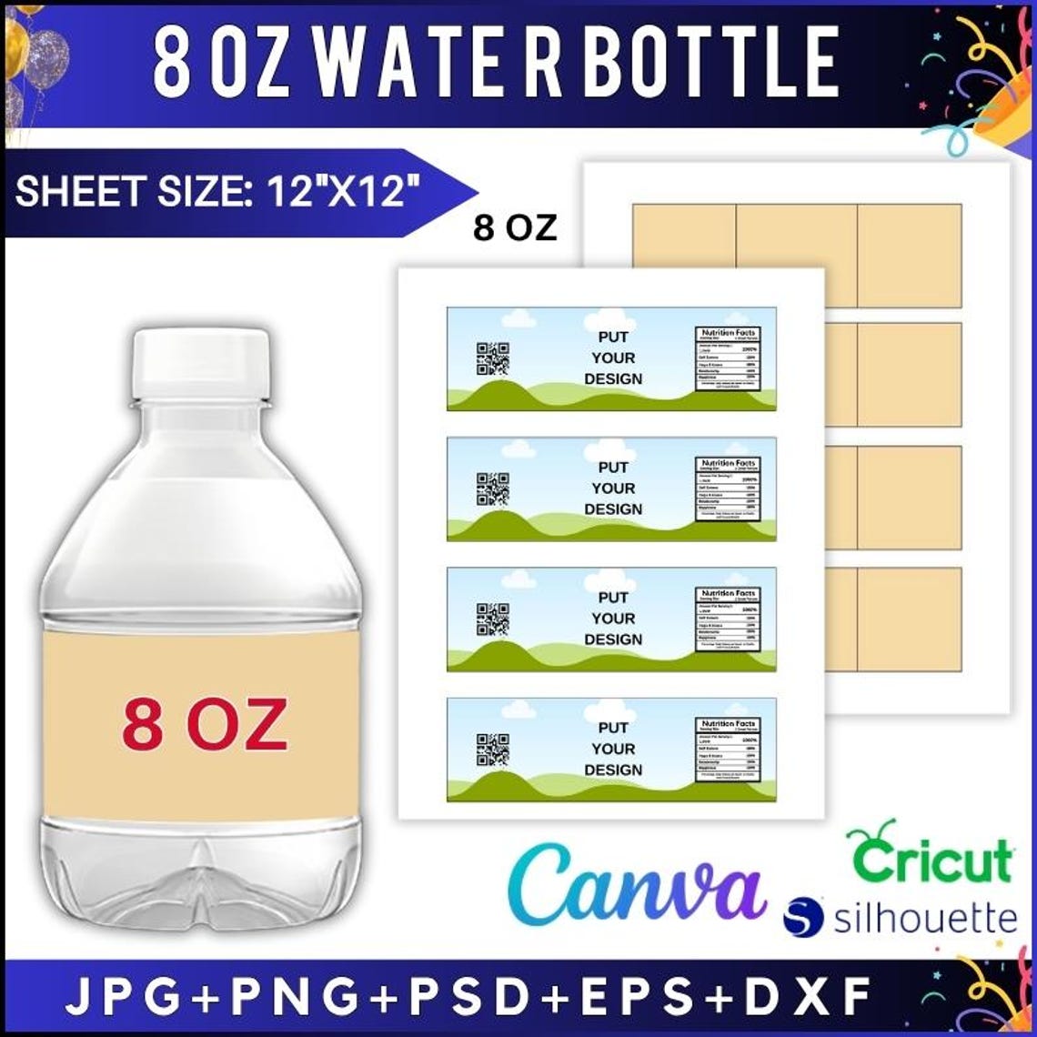 Water Bottle Label Template 8 & 16 Oz, Editable Canva Design (digital
