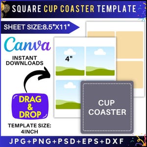 Może przedstawiać: Cyfrowy szablon na kwadratowe podstawki pod kubki. Projekt zawiera tekst "SQUARE CUP COASTER TEMPLATE", "SHEET SIZE: 8.5"X11" (21,6 x 27,9 cm) i "TEMPLATE SIZE: 4INCH" (10,16 cm). Kompatybilny z Canva, natychmiastowe pobieranie.