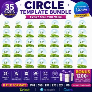 Paquete de plantillas circulares, 35 plantillas circulares para Canva, plantilla de etiqueta redonda, plantilla de botón/pin, marco circular, Canva editable con función de arrastrar y soltar, hazlo tú mismo.