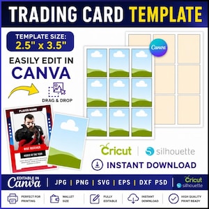 Puede incluir: Una plantilla digital de tarjetas coleccionables de 6,35 cm por 8,89 cm, con un diseño de cuadrícula para nueve tarjetas. Incluye una tarjeta de jugador de muestra, la marca Canva e iconos de compatibilidad para Cricut y Silhouette.