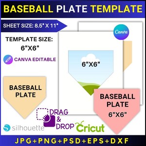 May include: A digital baseball plate template with the text "BASEBALL PLATE TEMPLATE". The template size is 6"x6" and the sheet size is 8.5"x11". Includes Canva editable and Drag & Drop features. File formats include JPG, PNG, PSD, EPS, and DXF.
