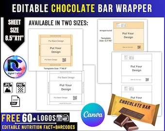 Bewerkbare sjabloon chocoladereep wrapper: afdrukbare canva-feestgunst