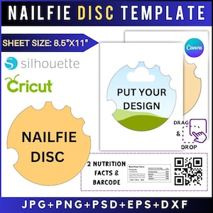 May include: A digital template for nail art, featuring a circular design with the text "PUT YOUR DESIGN." The sheet size is 8.5" x 11". Includes logos for Silhouette and Cricut, along with file formats JPG, PNG, PSD, EPS, and DXF.