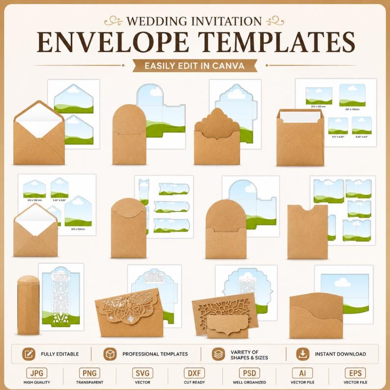 Envelope Template Bundle, Envelope Liner Templates, Money Envelope Template, Cash Envelope SVG, Canva Editable Envelope, Printable Envelope Design, DIY Stationery Template, Wedding Envelope Template, Cricut Envelope SVG, Custom Envelope Design, Envelope Cut Files, SVG DXF PNG PDF, Envelope Mockup Template.
Editable Envelope Liner Template: DIY Stationery Design Canva Digital Download Printable Liner, Wedding C5, C6, A7, Square
Customizable Envelope Liner Templates