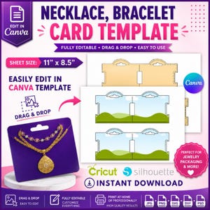 May include: A digital template for necklace and bracelet display cards featuring the text NECKLACE, BRACELET CARD TEMPLATE. The design includes a purple card with a gold pendant necklace, and white sheets with cut-out shapes, 27.94 cm x 21.59 cm sheet size.