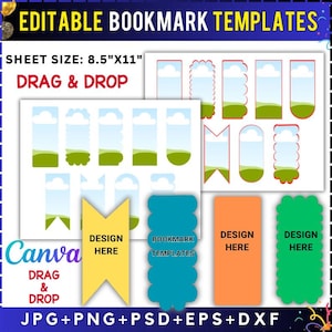 Puede incluir: Plantilla de diseño digital para marcadores. La imagen muestra varios diseños de marcadores con cielos azules, nubes y colinas verdes. El texto incluye "EDITABLE BOOKMARK TEMPLATES", "DRAG & DROP" y "DESIGN HERE". El tamaño de la hoja es de 21,6 cm x 27,9 cm.