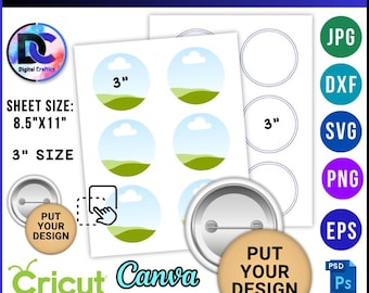 Button Pin Template, 3 inch Button Pin Template, Round Pin Back Mockup, Editable Canva Template, Button Pin Template SVG, DXF, Png, 8.5"x11
