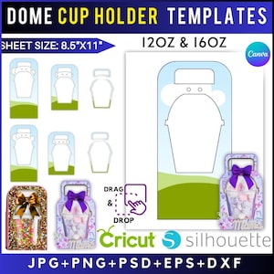Puede incluir: Plantillas digitales para portavasos de cúpula, diseñadas para vasos de 12oz y 16oz. El tamaño de la hoja es de 21,6 cm x 27,9 cm. La imagen muestra varios diseños de portavasos con asa, lazo y diseño colorido. Compatibles con Cricut y Silhouette.