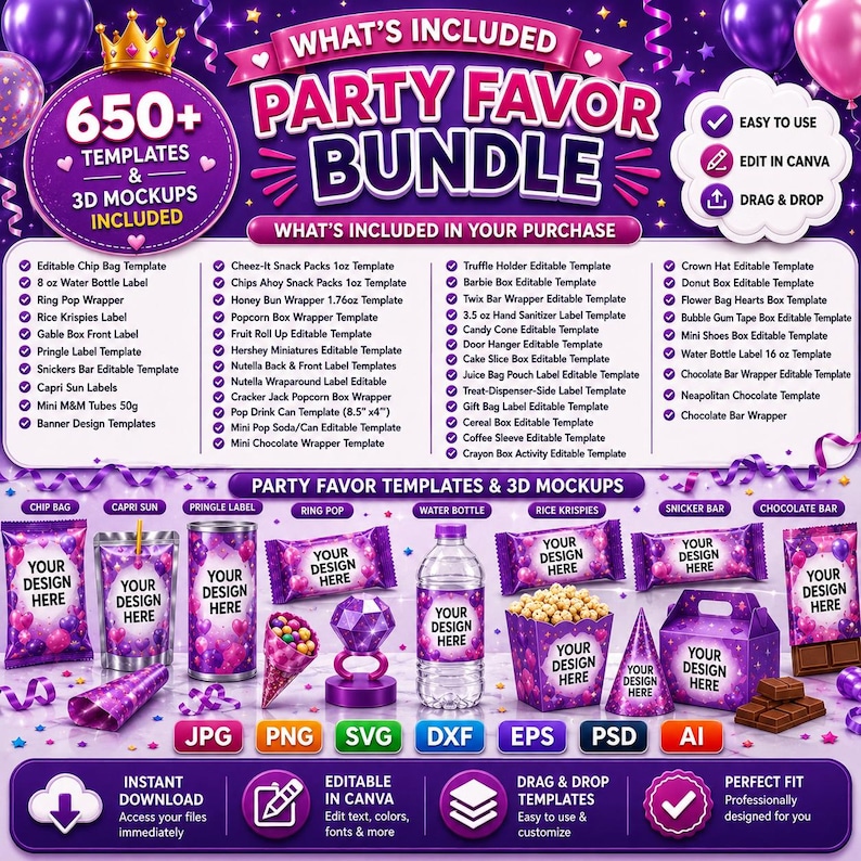 May include: 350+ party favor templates instant downloads.  JPG, PNG, SVG, DXF, EPS, PSD, and AI files included.  Images show various editable templates for chip bags, Capri-Sun pouches, Pringle's cans, chocolate bars, water bottles, and more.  Designs feature bright colors and fun graphics.  Cricut and Silhouette compatible.
