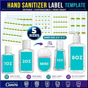 May include: A digital hand sanitizer label template featuring five sizes for 1oz, 2oz, mini, 1oz, and 8oz bottles. The graphic displays sheets of labels, a drag and drop icon, and text including "5 SIZES" and "SHEET SIZE: 8.5" X 11". Includes file format icons.