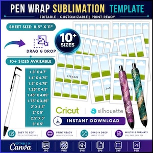 May include: A digital pen wrap sublimation template featuring multiple printable sheets with cloud and grass patterns. Includes a list of sizes from 1.3 inches by 4.7 inches to 3 inches by 5 inches, two sample pens, and icons for Canva, Cricut, and Silhouette.