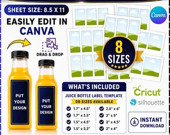 Editable Juice Bottle Label Template Bundle, Juice Bottle Label Template, Juice Label Sticker, Wedding Favor, Juice, Canva Drag & drop, DIY
