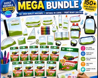 Back to School Canva Bundle, School Supplies, School Supply Mockups, Composition notebook, Backpack ,Pencil Crayon Box Glue, Party Favor DIY