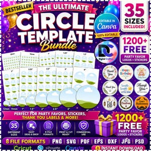 May include: A digital template bundle with the text "The Ultimate Circle Template Bundle" in white. Includes 35 sizes, 1200+ free party favor logos and stickers, and 8 file formats. Perfect for party favours, stickers, and thank you labels.