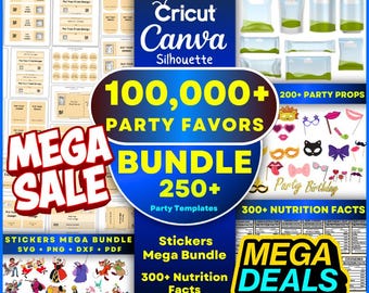 100000+ Party Favor Template Bundle, Party Favor Mockups, Chip Bag Water Bottle Label Shoe Box Template, Nutrition Facts, Canva Editable Svg