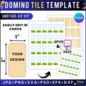 Puede incluir: Una plantilla de ficha de dominó con el texto "DOMINO TILE TEMPLATE". El tamaño de la hoja es de 21,6 cm x 27,9 cm. La plantilla se edita fácilmente en Canva. La ficha de dominó mide 2,5 cm x 5,1 cm. Los formatos de archivo son JPG, PNG, SVG, PSD, EPS y DXF.