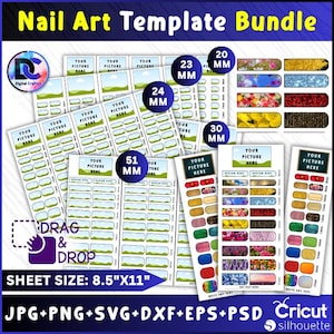 May include: A nail art template bundle with various designs and sizes. The image includes templates with dimensions ranging from 20 mm to 51 mm. The sheet size is 8.5"x11". The bundle is compatible with Cricut and Silhouette machines.