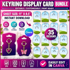 May include: A digital bundle of 35 editable keyring display cards featuring a sky and grass landscape design. The sheet size is 11 inches by 8.5 inches. Includes various shapes with punch holes for keychains, compatible with Canva for editing.