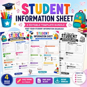 Puede incluir: Un paquete digital de cuatro plantillas de hojas de información para estudiantes con encabezados coloridos, gráficos de útiles escolares como una mochila y lápices, y campos estructurados para detalles de contacto, salud y transporte.