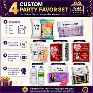 May include: A custom party favour set display featuring four steps for ordering. The image shows examples of personalised chip bags, chocolate bars, juice pouches, Pringles cans, ring pops, water bottles, and rice krispies with various themes.