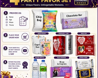 Party Favors Custom Bundle, 4 Party Favor Designs, Party Favor Templates, Custom Birthday, Chip bag, Water bottle, Chocolate Bar, Capri-sun