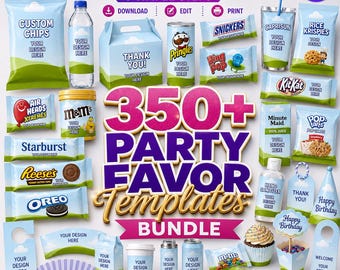 350 Party Favor Templates , Template Bundle, Party Favors, Chip Bag Template , Capri Sun Labels , Chocolate Bar Wrapper, Party Favor Mockups