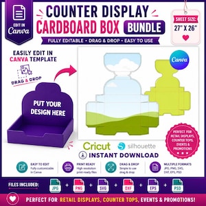May include: A digital template for a counter display cardboard box bundle featuring text that reads Counter Display Cardboard Box Bundle, Put Your Design Here, and Sheet Size 27 inches by 26 inches. Includes editable Canva files, SVG, JPG, PNG, DXF, EPS, and PSD.