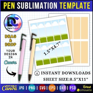 Könnte beinhalten: Eine digitale Stiftsublimationsvorlage mit dem Text "PEN SUBLIMATION TEMPLATE". Das Design umfasst eine Vorlage für Stifte, zwei Stifte und den Text "DRAG & DROP YOUR DESIGN IN Canva". Die Blattgröße beträgt 21,6 cm x 27,9 cm.