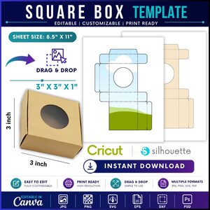 May include: A square box template with a 3 inch by 3 inch by 1 inch dimension. The digital file includes a sheet size of 8.5 inches by 11 inches, featuring a tan box with a circular window, a drag and drop graphic, and compatibility icons for Cricut, Silhouette, Canva, JPG, PNG, SVG, EPS, DXF, and PSD formats.