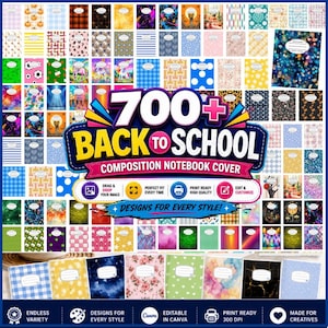 Könnte beinhalten: Eine digitale Sammlung von über 700 Notizbuch-Cover-Designs mit verschiedenen Mustern, Farben und Themen. Der zentrale Text lautet 700+ BACK TO SCHOOL COMPOSITION NOTEBOOK COVER, ergänzt durch zusätzliche Symbole und Bearbeitungshinweise.