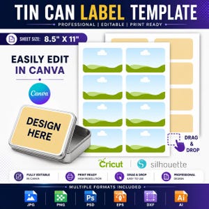 Editable Tin Can Label Template: Tin Can Label Template, Tin Can Label, Editable Canva Drag and drop, Cricut Silhouette (Digital Download)