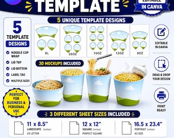Noodle Cup Template Bundle, 5 Different Sizes Editable Canva Templates, Noodle Cup With Lid, Party Favor, Noodle Cup Label, Canva Drag &drop