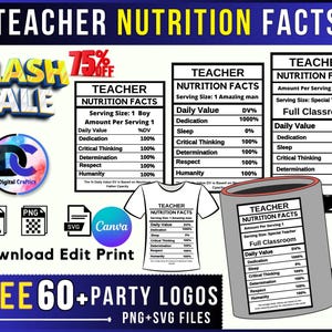 May include: A digital graphic design with a "Teacher Nutrition Facts" theme. The design includes a mug, t-shirt, and three charts with nutritional information. The design also includes the text "Flash Sale" and "Free 60+ Party Logos".