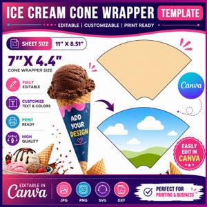 Ice Cream Cone Wrapper Template, Cone Wrapper Template, Editable Canva Ice Cream Cone Template, Party Favors, Drag and drop, DIY, Printable