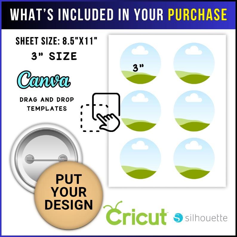 Button Pin Template, 3 Inch Button Pin Template, Round Pin Back Mockup ...
