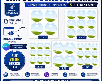 Car Coaster Template Bundle: Car Coaster Editable Canva Template, Car Coaster Labels, Canva Editable Sublimation Designs (Digital Download)