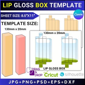 以下が含まれることがあります： 「LIP GLOSS BOX TEMPLATE」のテキストが入ったリップグロスボックスのデジタルテンプレート。シートサイズは8.5インチx11インチ、テンプレートサイズは130mm x 20mmです。JPG、PNG、PSD、EPS、DXFのファイル形式が含まれています。