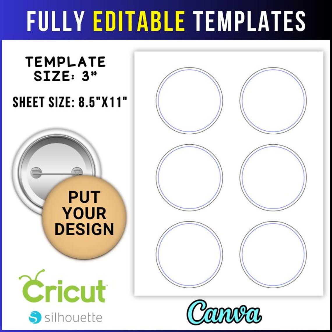 Button Pin Template, 3 Inch Button Pin Template, Round Pin Back Mockup ...