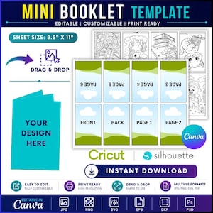 May include: A digital mini booklet template with an 8.5 inch by 11 inch sheet size. The layout features a drag and drop area, a cyan placeholder for custom designs, and a grid of eight panels labeled front, back, and pages one through six.