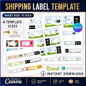 May include: A digital shipping label template set featuring various rectangular label designs with fields for name, address, city, and postal code. The sheets include icons for fragile items, global delivery, and location markers, with text indicating an 11 x 8.5 inch sheet size.