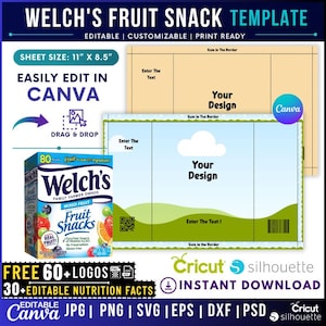 Szablon przekąsek owocowych Welch's, Szablon opakowania na przekąski owocowe Welch's, Etykieta na przekąskę, Upominki na imprezę, Paczka chipsów, Edytowalna aplikacja Canva typu „przeciągnij i upuść”, Zrób to sam