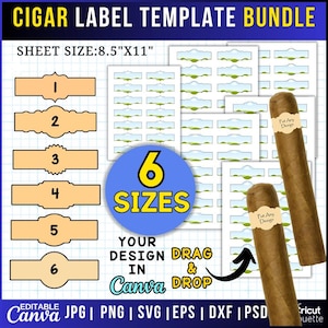 Cigar Label Template Bundle, Cigar Sticker Template, Cigar Wrap Template, Cigar Label Canva template,8.5&quot;x11&quot; sheet , Instant Download, SVG