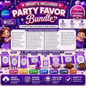 May include: 600+ party favor templates, easily drag and drop in Canva.  Instant downloads include JPG, PNG, SVG, DXF, EPS, PSD, and AI files.  Templates feature green and white designs for chip bags, Pringle labels, soda cans, water bottles, chocolate bars, ring pops, and candy boxes.  Text includes 'Put Your Design Here', 'Design Here', and product names.