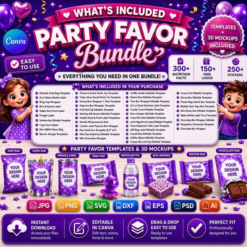 May include: 600+ party favor templates, easily drag and drop in Canva.  Instant downloads include JPG, PNG, SVG, DXF, EPS, PSD, and AI files.  Templates feature green and white designs for chip bags, Pringle labels, soda cans, water bottles, chocolate bars, ring pops, and candy boxes.  Text includes 'Put Your Design Here', 'Design Here', and product names.