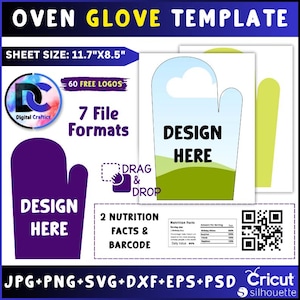 以下が含まれることがあります： 「DESIGN HERE」の文字が入ったデジタルオーブングローブテンプレート。シートサイズは29.7cm x 21.6cm。60個の無料ロゴ、7つのファイル形式、2つの栄養成分表示、バーコードが含まれています。CricutとSilhouetteに対応しています。