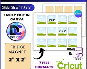 2x2 Fridge Magnet Template, Magnet Template, 50MMx50MM Square Magnet Template with Rounded Corners, Fridge Magnet Template, Editable Canva