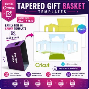 May include: A digital template for a tapered gift basket featuring a sheet size of 23.3 inches by 16.5 inches. The graphic displays a purple basket mockup, a flat layout with a cloud and landscape design, and logos for Canva, Cricut, and Silhouette.