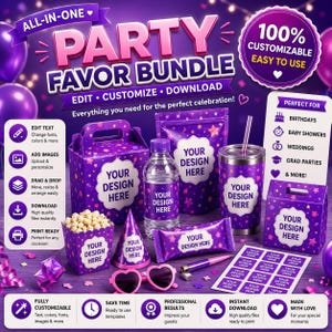 May include: A purple party favor bundle featuring a treat box, water bottle, snack pouch, tumbler with straw, popcorn container, party hat, candy bar wrapper, heart-shaped sunglasses, and sticker sheet, all with customizable labels.
